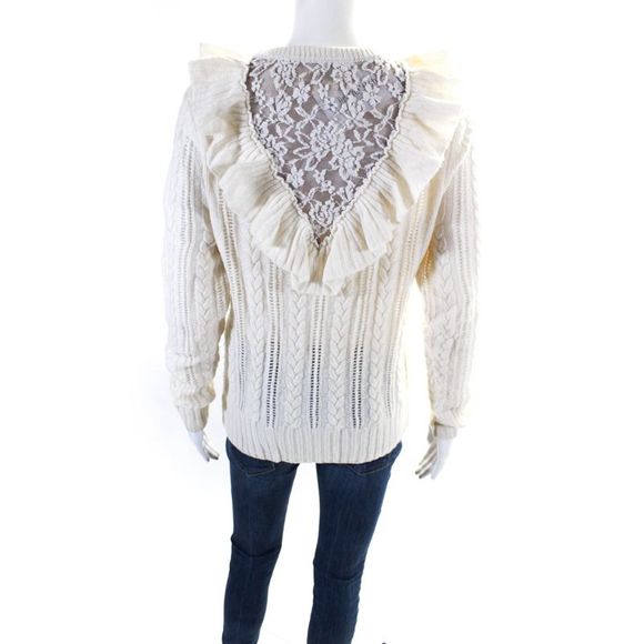 Nightcap Clothing Womens Lace Trim Ruffled Cable Knit Sweater White Wool Size 1 - Picture 3 of 6